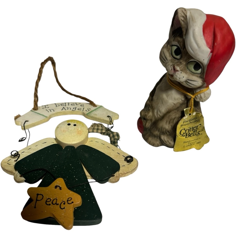 Vintage Jasco Holiday Xmas Cat Critter Bell 1980 Taiwan Porcelain Bisque & angel